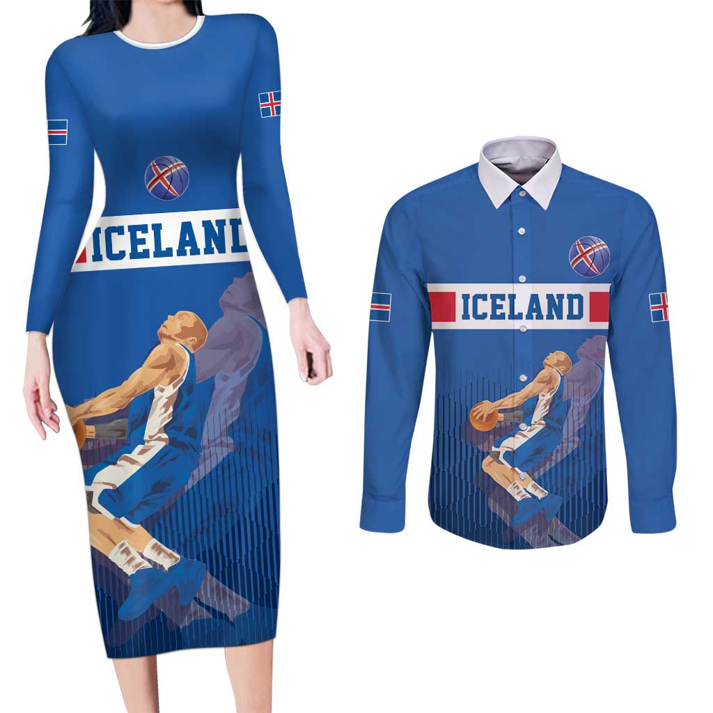 Iceland Basketball Custom Couples Matching Long Sleeve Bodycon Dress and Long Sleeve Button Shirt Blue Style