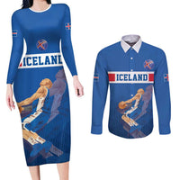 Iceland Basketball Custom Couples Matching Long Sleeve Bodycon Dress and Long Sleeve Button Shirt Blue Style
