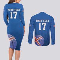 Iceland Basketball Custom Couples Matching Long Sleeve Bodycon Dress and Long Sleeve Button Shirt Blue Style