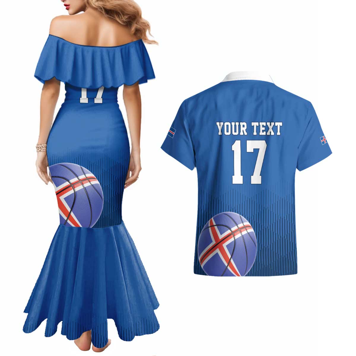 Iceland Basketball Custom Couples Matching Mermaid Dress and Hawaiian Shirt Blue Style