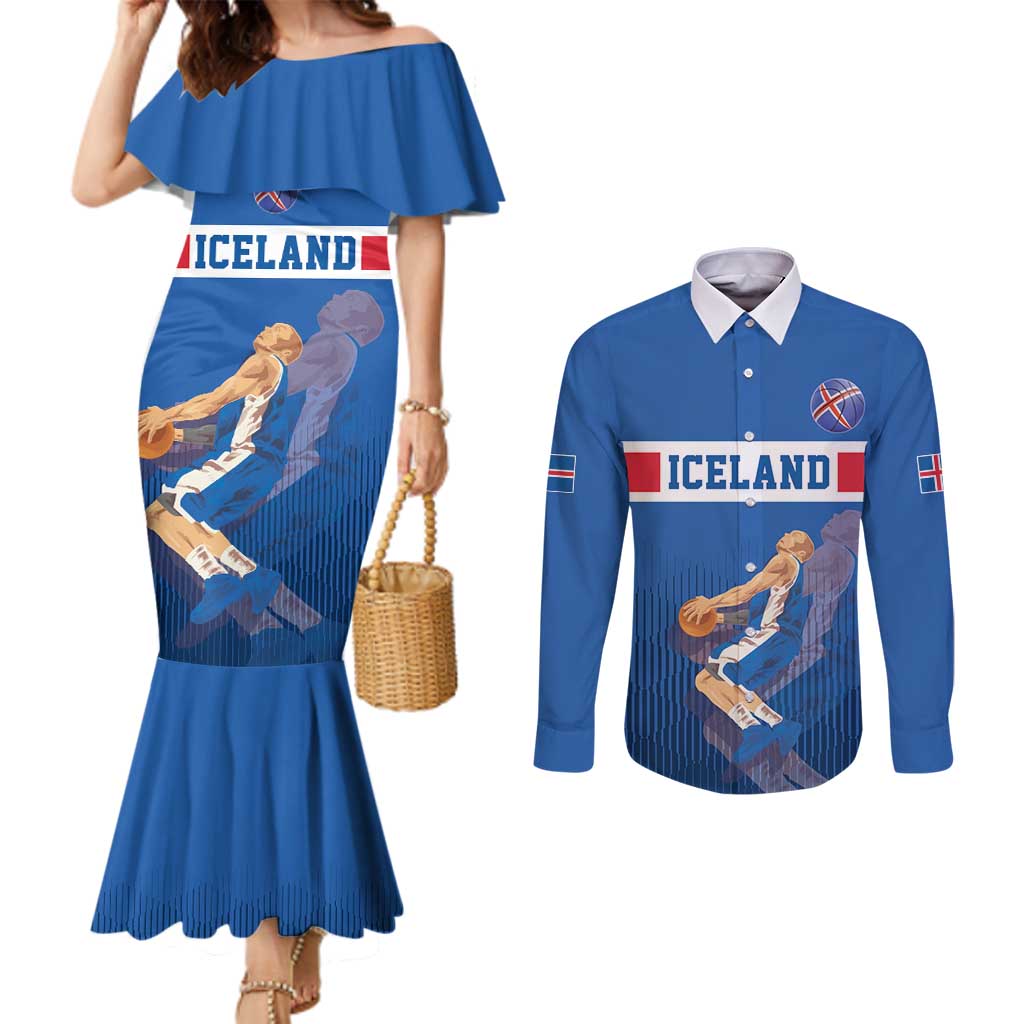 Iceland Basketball Custom Couples Matching Mermaid Dress and Long Sleeve Button Shirt Blue Style