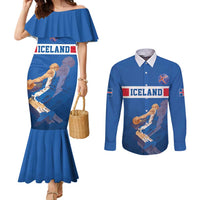 Iceland Basketball Custom Couples Matching Mermaid Dress and Long Sleeve Button Shirt Blue Style