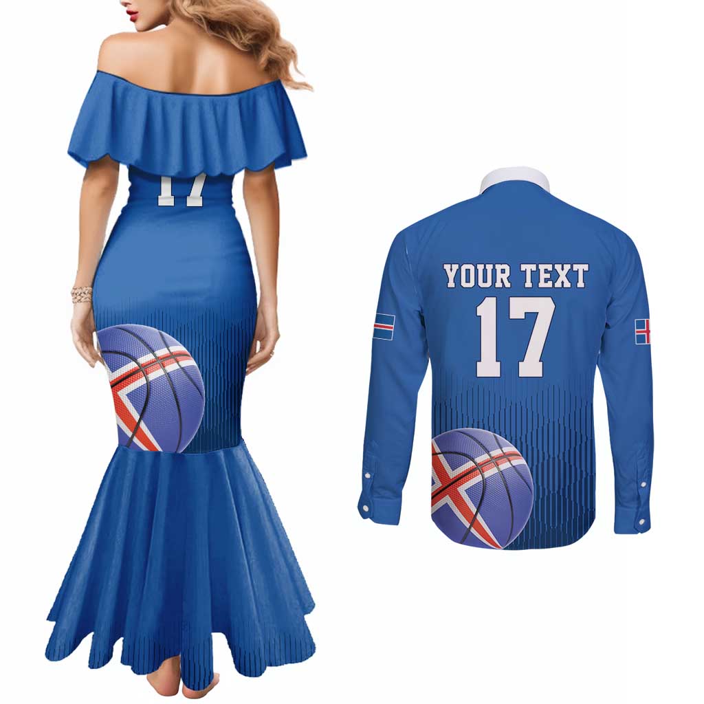 Iceland Basketball Custom Couples Matching Mermaid Dress and Long Sleeve Button Shirt Blue Style