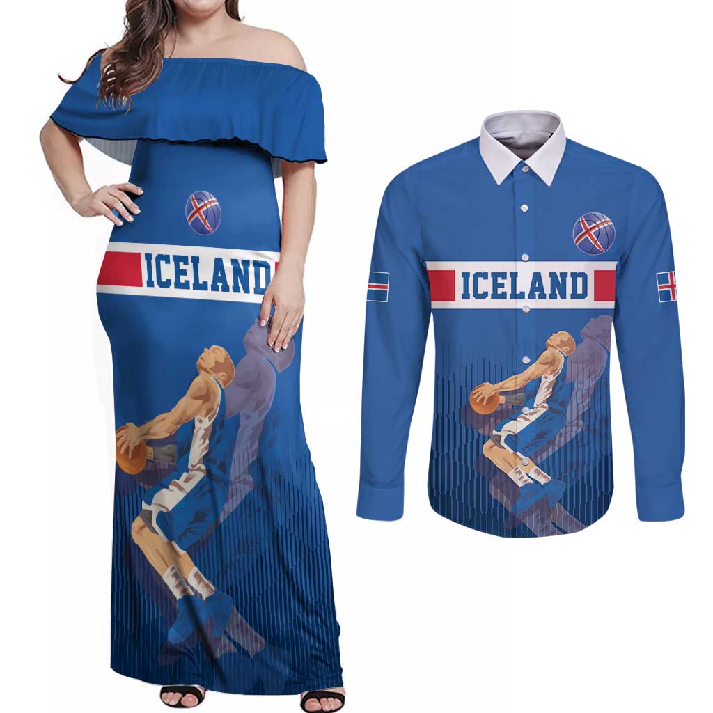 Iceland Basketball Custom Couples Matching Off Shoulder Maxi Dress and Long Sleeve Button Shirt Blue Style