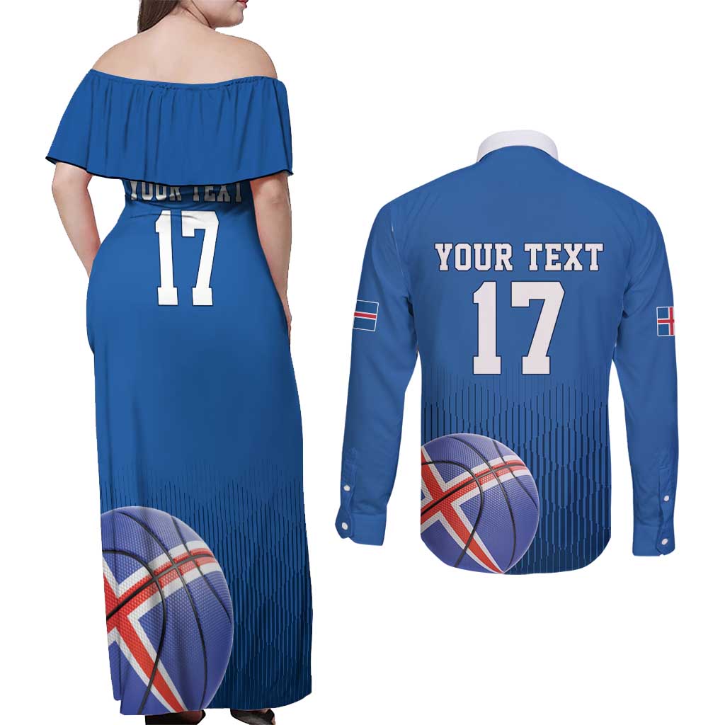 Iceland Basketball Custom Couples Matching Off Shoulder Maxi Dress and Long Sleeve Button Shirt Blue Style