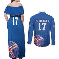 Iceland Basketball Custom Couples Matching Off Shoulder Maxi Dress and Long Sleeve Button Shirt Blue Style