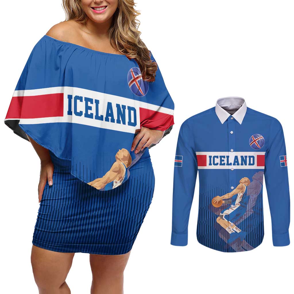 Iceland Basketball Custom Couples Matching Off Shoulder Short Dress and Long Sleeve Button Shirt Blue Style