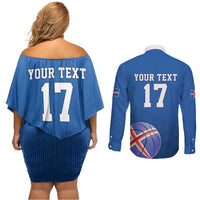 Iceland Basketball Custom Couples Matching Off Shoulder Short Dress and Long Sleeve Button Shirt Blue Style
