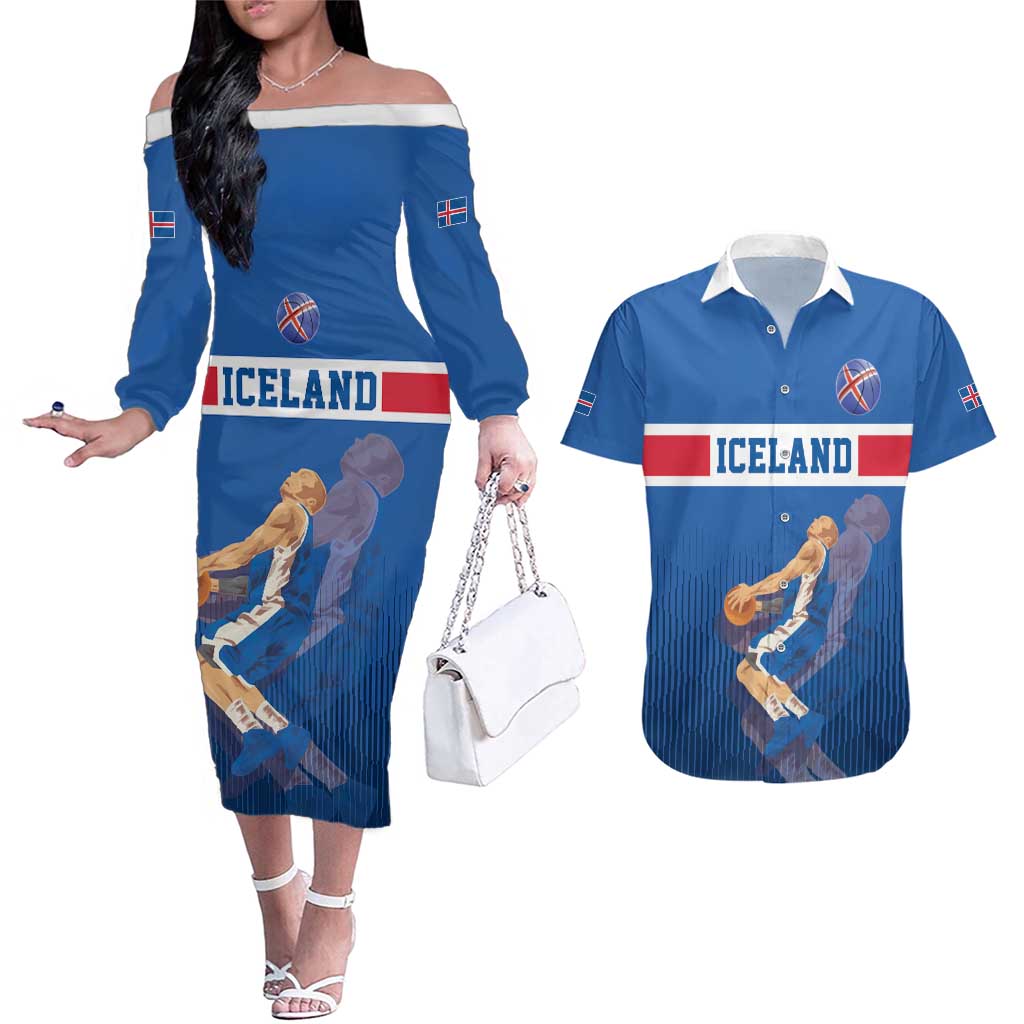 Iceland Basketball Custom Couples Matching Off The Shoulder Long Sleeve Dress and Hawaiian Shirt Blue Style