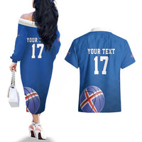 Iceland Basketball Custom Couples Matching Off The Shoulder Long Sleeve Dress and Hawaiian Shirt Blue Style