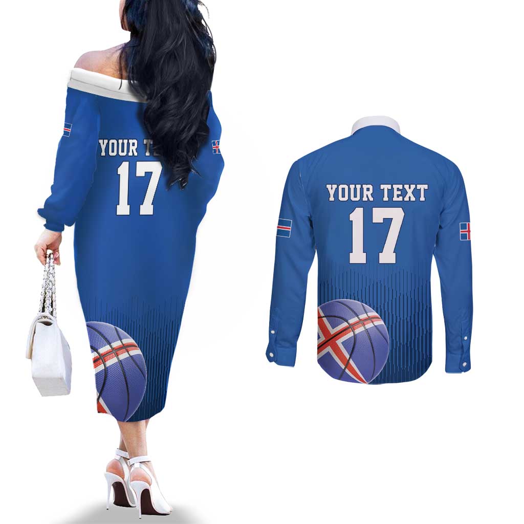 Iceland Basketball Custom Couples Matching Off The Shoulder Long Sleeve Dress and Long Sleeve Button Shirt Blue Style