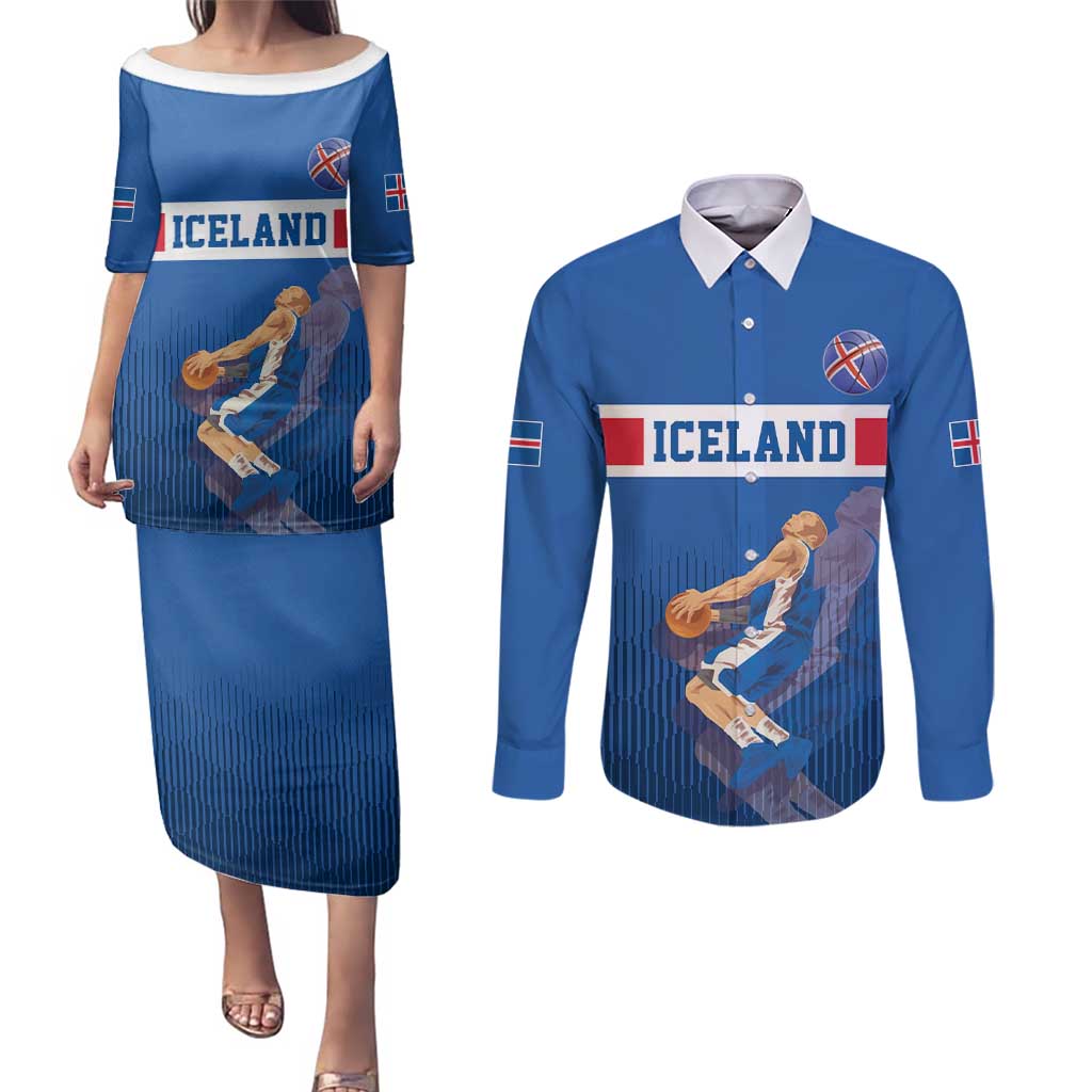 Iceland Basketball Custom Couples Matching Puletasi and Long Sleeve Button Shirt Blue Style