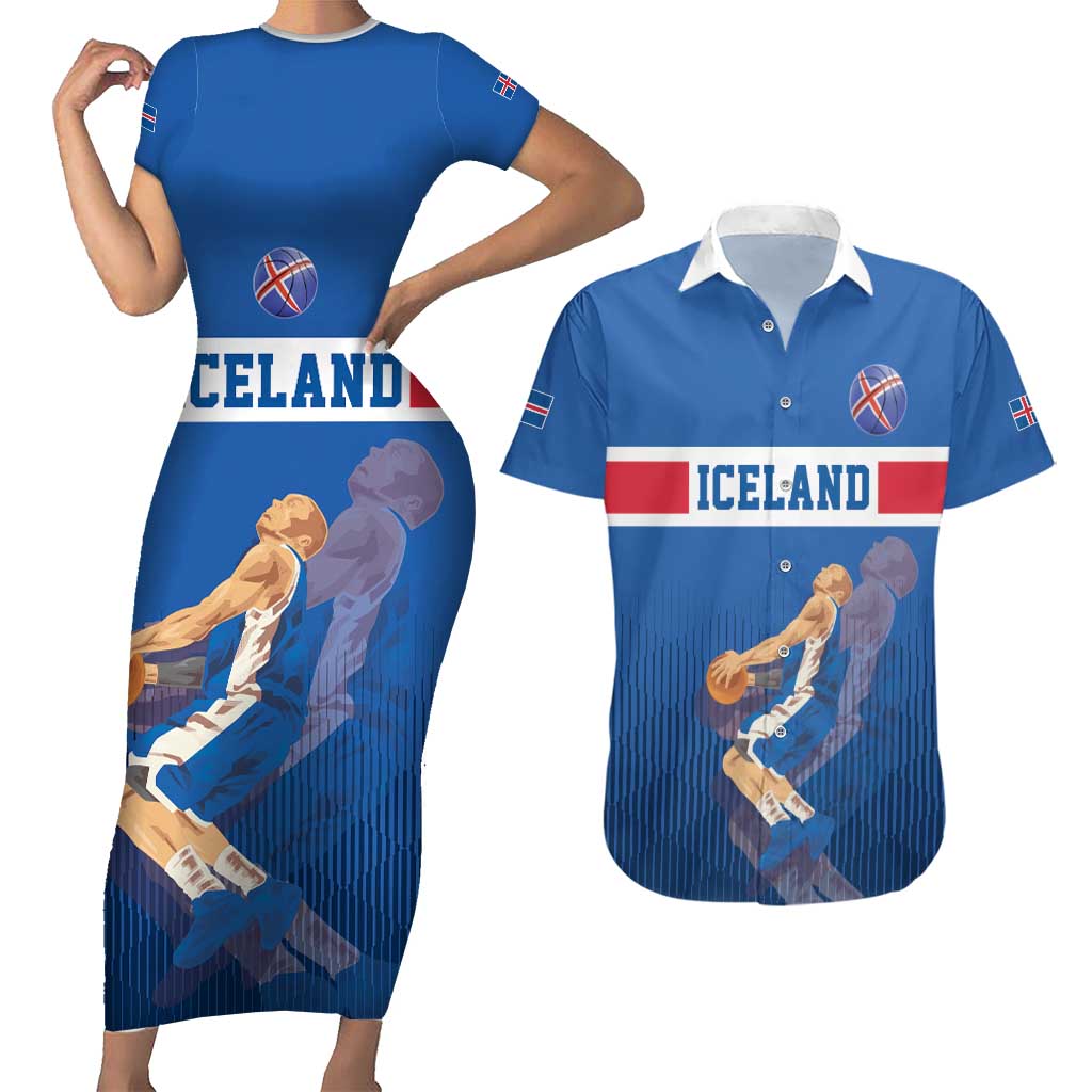 Iceland Basketball Custom Couples Matching Short Sleeve Bodycon Dress and Hawaiian Shirt Blue Style