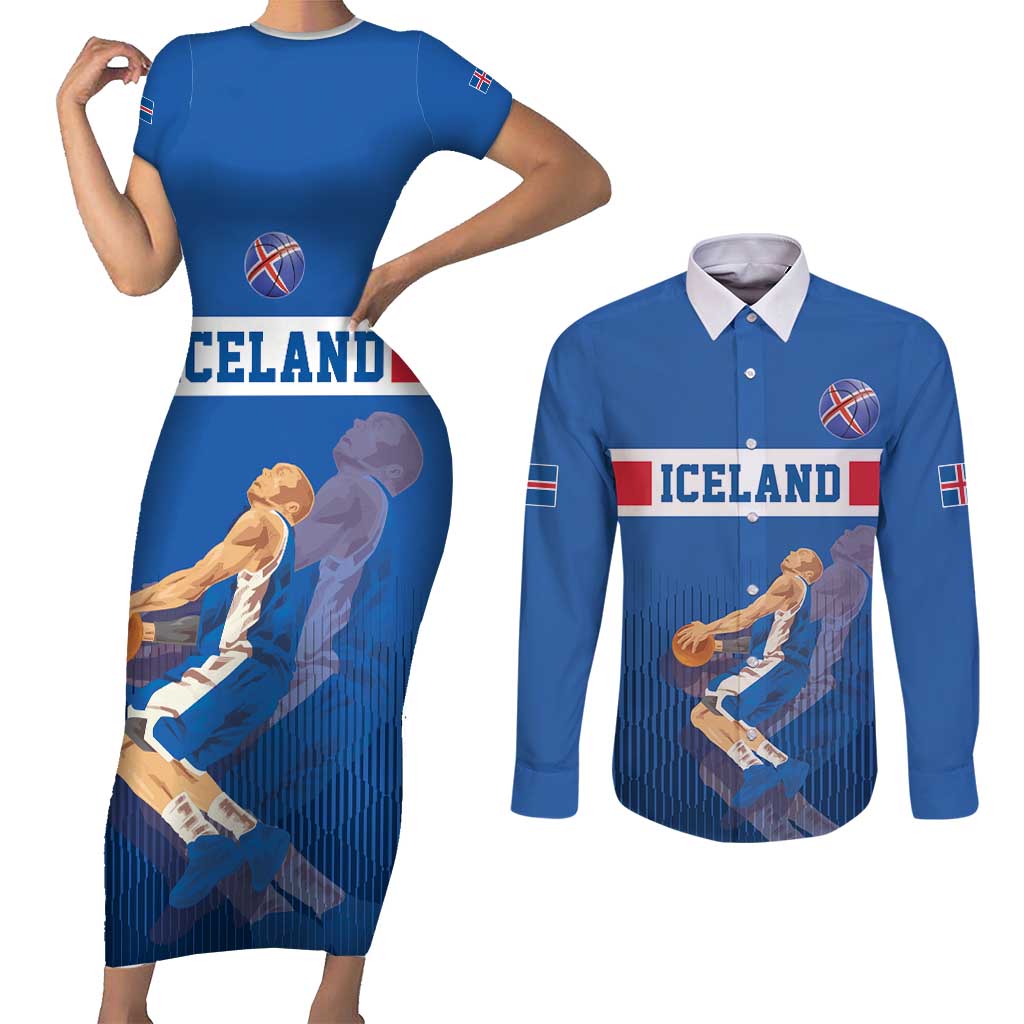 Iceland Basketball Custom Couples Matching Short Sleeve Bodycon Dress and Long Sleeve Button Shirt Blue Style