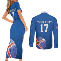 Iceland Basketball Custom Couples Matching Short Sleeve Bodycon Dress and Long Sleeve Button Shirt Blue Style