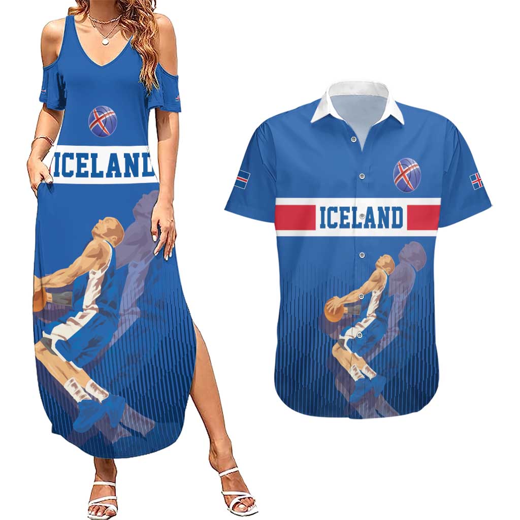 Iceland Basketball Custom Couples Matching Summer Maxi Dress and Hawaiian Shirt Blue Style