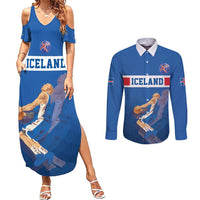 Iceland Basketball Custom Couples Matching Summer Maxi Dress and Long Sleeve Button Shirt Blue Style