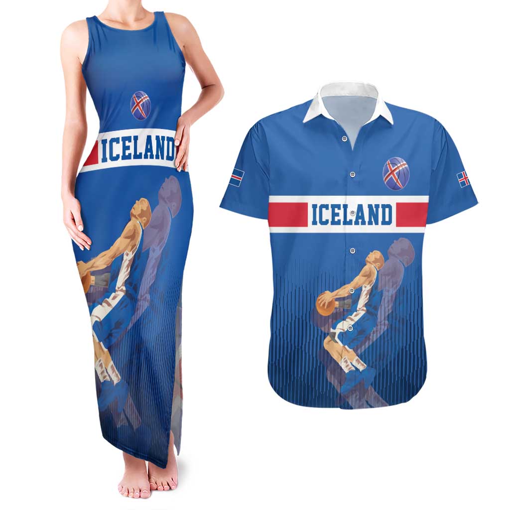 Iceland Basketball Custom Couples Matching Tank Maxi Dress and Hawaiian Shirt Blue Style