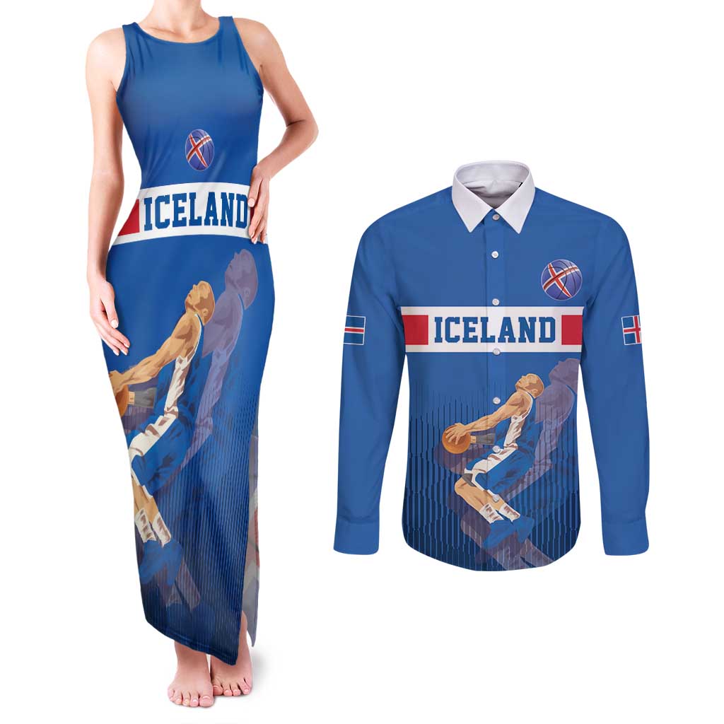 Iceland Basketball Custom Couples Matching Tank Maxi Dress and Long Sleeve Button Shirt Blue Style
