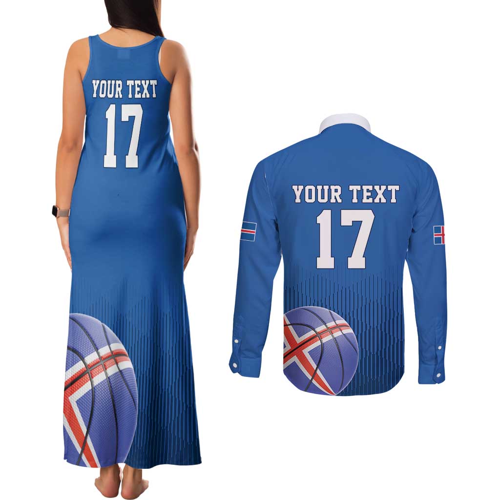 Iceland Basketball Custom Couples Matching Tank Maxi Dress and Long Sleeve Button Shirt Blue Style
