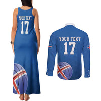 Iceland Basketball Custom Couples Matching Tank Maxi Dress and Long Sleeve Button Shirt Blue Style