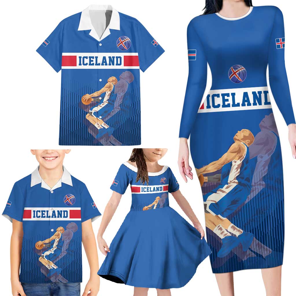 Iceland Basketball Custom Family Matching Long Sleeve Bodycon Dress and Hawaiian Shirt Blue Style