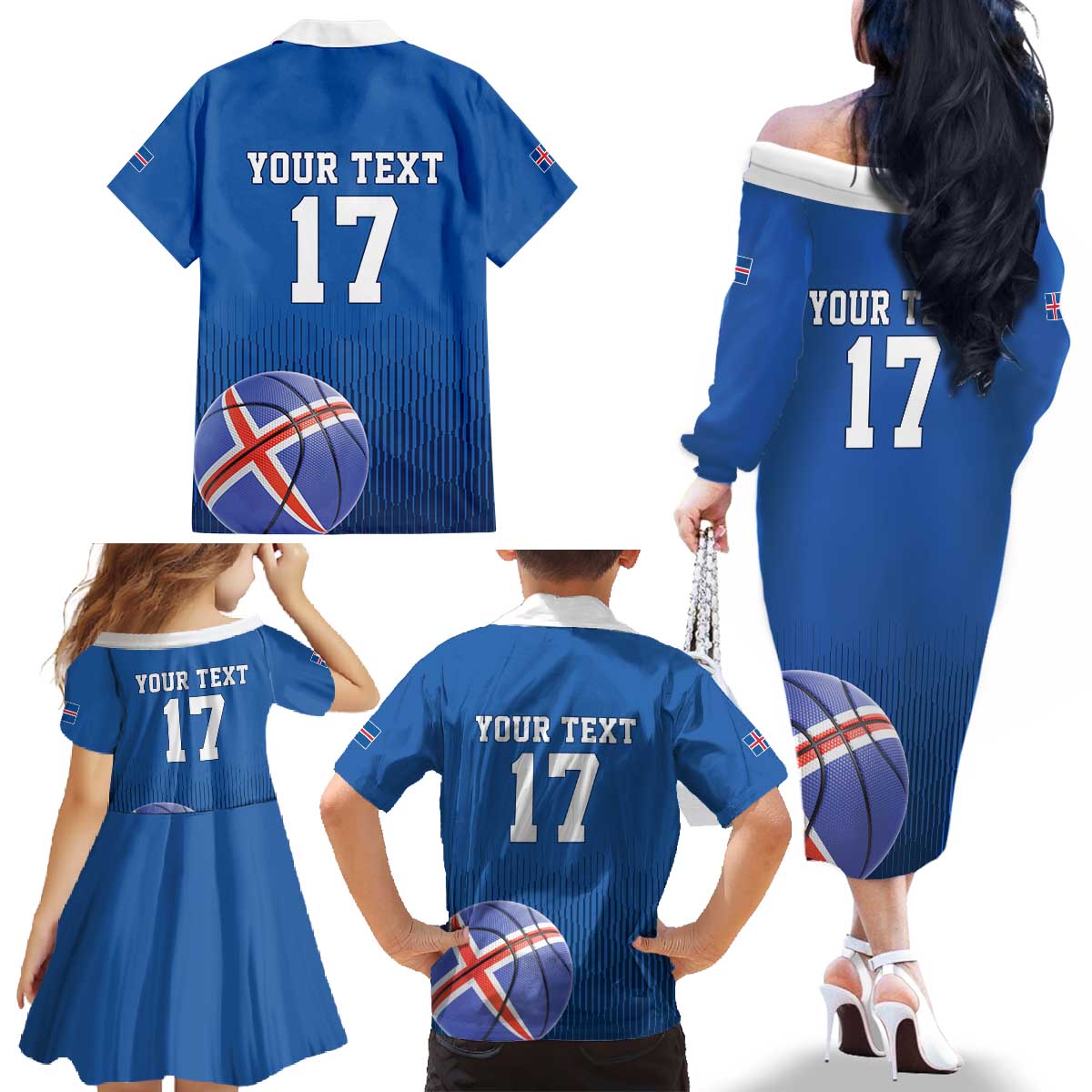 Iceland Basketball Custom Family Matching Off The Shoulder Long Sleeve Dress and Hawaiian Shirt Blue Style