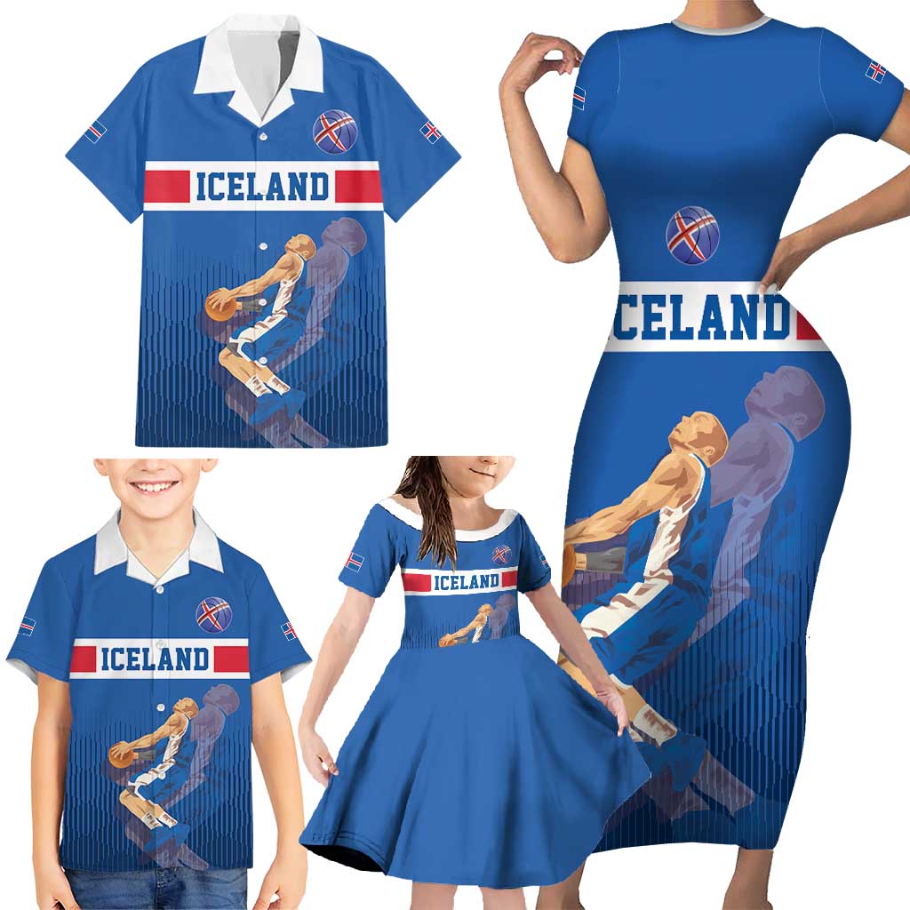 Iceland Basketball Custom Family Matching Short Sleeve Bodycon Dress and Hawaiian Shirt Blue Style