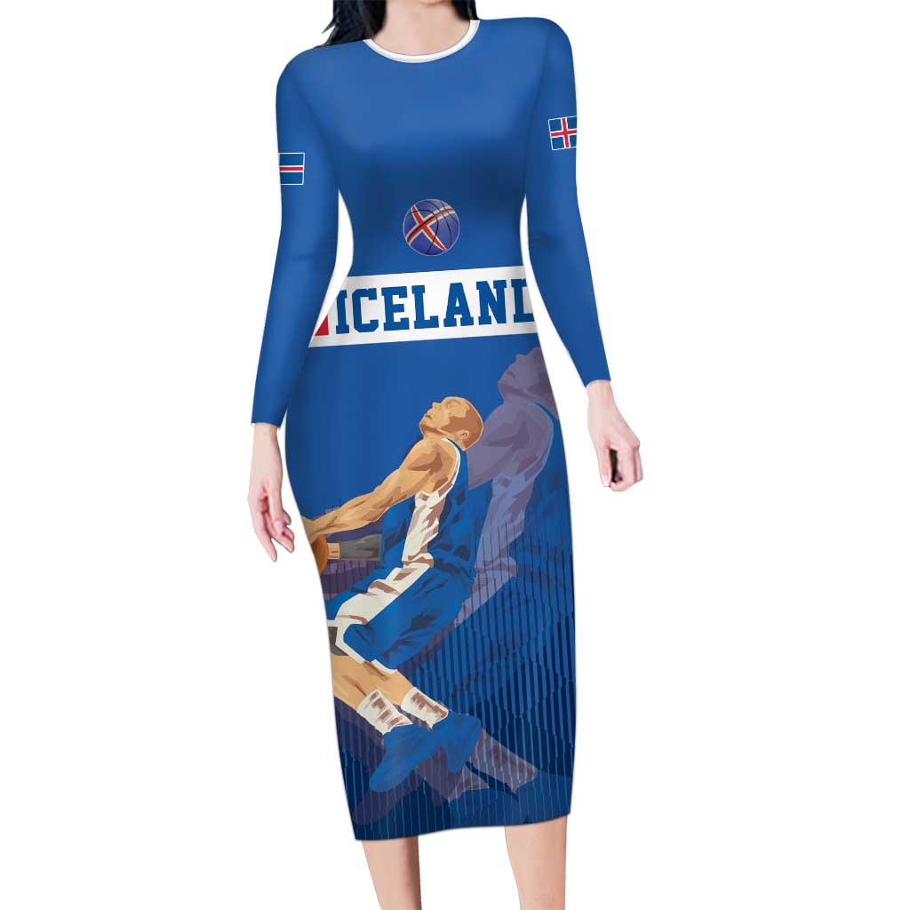 Iceland Basketball Custom Long Sleeve Bodycon Dress Blue Style