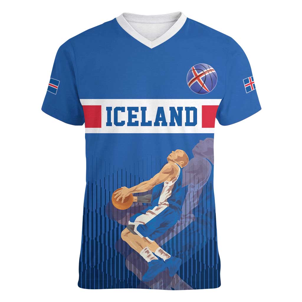 Iceland Basketball Custom Women V-Neck T-Shirt Blue Style
