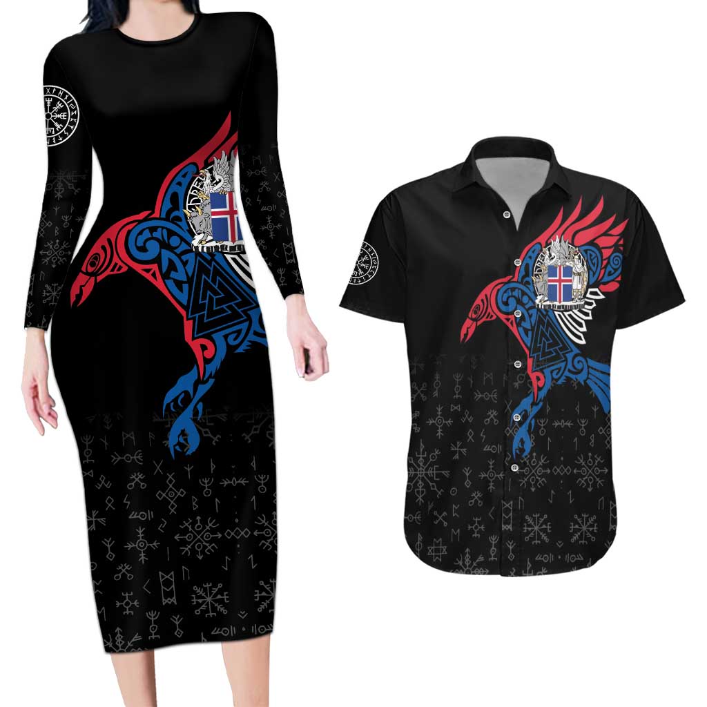 Iceland Viking Culture Couples Matching Long Sleeve Bodycon Dress and Hawaiian Shirt Norse Mythology Raven Tattoo