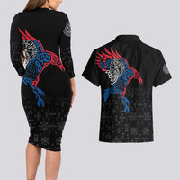 Iceland Viking Culture Couples Matching Long Sleeve Bodycon Dress and Hawaiian Shirt Norse Mythology Raven Tattoo