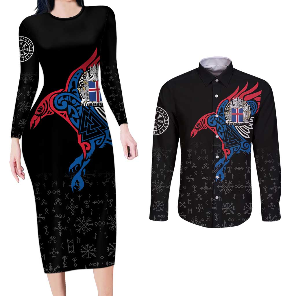 Iceland Viking Culture Couples Matching Long Sleeve Bodycon Dress and Long Sleeve Button Shirt Norse Mythology Raven Tattoo