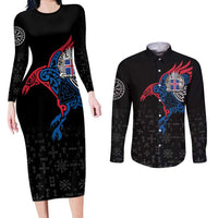 Iceland Viking Culture Couples Matching Long Sleeve Bodycon Dress and Long Sleeve Button Shirt Norse Mythology Raven Tattoo