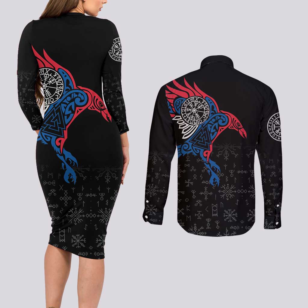 Iceland Viking Culture Couples Matching Long Sleeve Bodycon Dress and Long Sleeve Button Shirt Norse Mythology Raven Tattoo