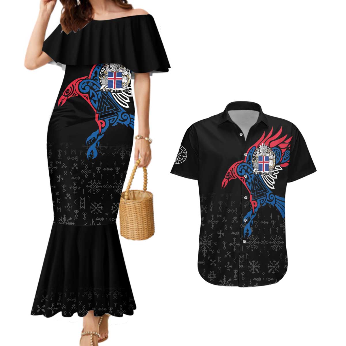 Iceland Viking Culture Couples Matching Mermaid Dress and Hawaiian Shirt Norse Mythology Raven Tattoo