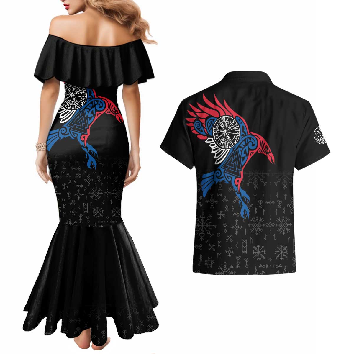 Iceland Viking Culture Couples Matching Mermaid Dress and Hawaiian Shirt Norse Mythology Raven Tattoo