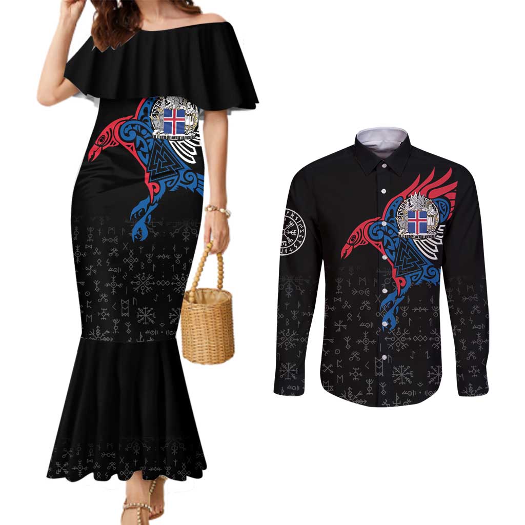 Iceland Viking Culture Couples Matching Mermaid Dress and Long Sleeve Button Shirt Norse Mythology Raven Tattoo
