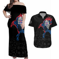 Iceland Viking Culture Couples Matching Off Shoulder Maxi Dress and Hawaiian Shirt Norse Mythology Raven Tattoo
