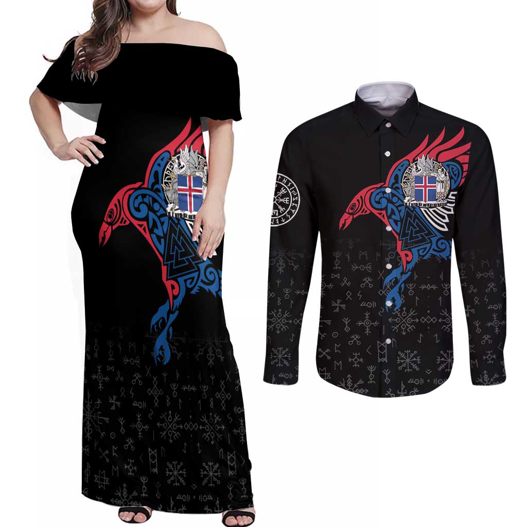 Iceland Viking Culture Couples Matching Off Shoulder Maxi Dress and Long Sleeve Button Shirt Norse Mythology Raven Tattoo