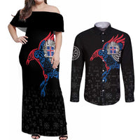 Iceland Viking Culture Couples Matching Off Shoulder Maxi Dress and Long Sleeve Button Shirt Norse Mythology Raven Tattoo