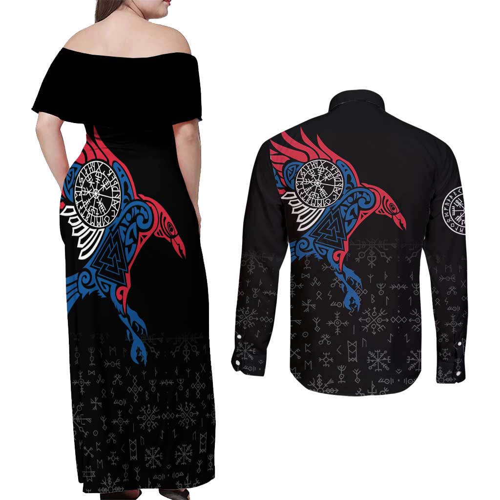 Iceland Viking Culture Couples Matching Off Shoulder Maxi Dress and Long Sleeve Button Shirt Norse Mythology Raven Tattoo