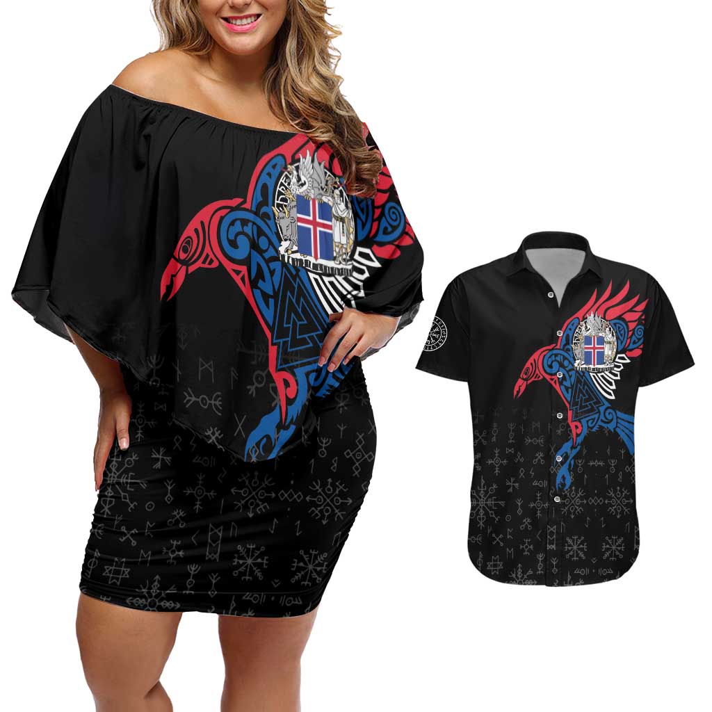 Iceland Viking Culture Couples Matching Off Shoulder Short Dress and Hawaiian Shirt Norse Mythology Raven Tattoo