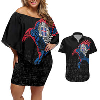 Iceland Viking Culture Couples Matching Off Shoulder Short Dress and Hawaiian Shirt Norse Mythology Raven Tattoo