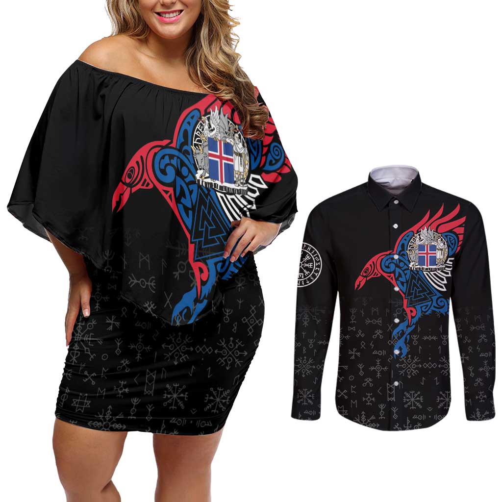 Iceland Viking Culture Couples Matching Off Shoulder Short Dress and Long Sleeve Button Shirt Norse Mythology Raven Tattoo