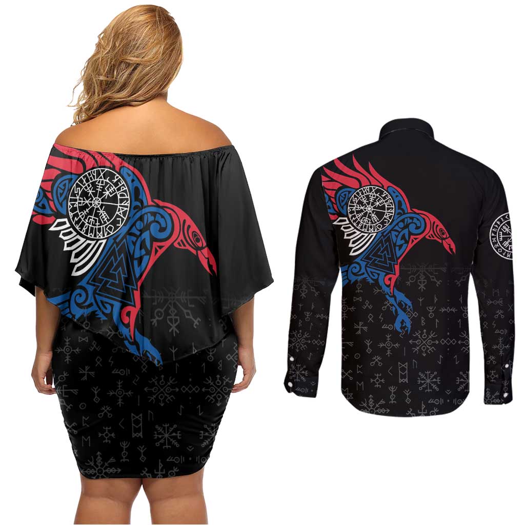 Iceland Viking Culture Couples Matching Off Shoulder Short Dress and Long Sleeve Button Shirt Norse Mythology Raven Tattoo