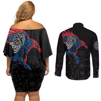 Iceland Viking Culture Couples Matching Off Shoulder Short Dress and Long Sleeve Button Shirt Norse Mythology Raven Tattoo