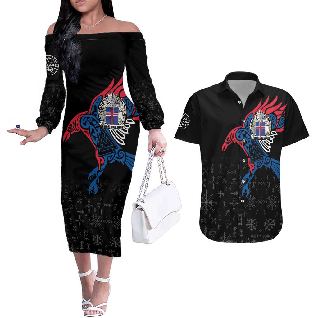 Iceland Viking Culture Couples Matching Off The Shoulder Long Sleeve Dress and Hawaiian Shirt Norse Mythology Raven Tattoo