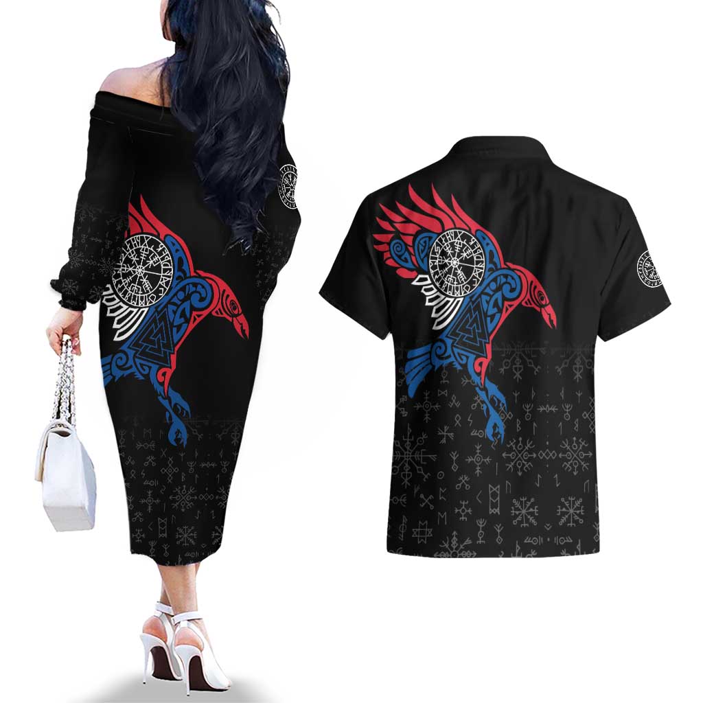 Iceland Viking Culture Couples Matching Off The Shoulder Long Sleeve Dress and Hawaiian Shirt Norse Mythology Raven Tattoo