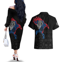 Iceland Viking Culture Couples Matching Off The Shoulder Long Sleeve Dress and Hawaiian Shirt Norse Mythology Raven Tattoo